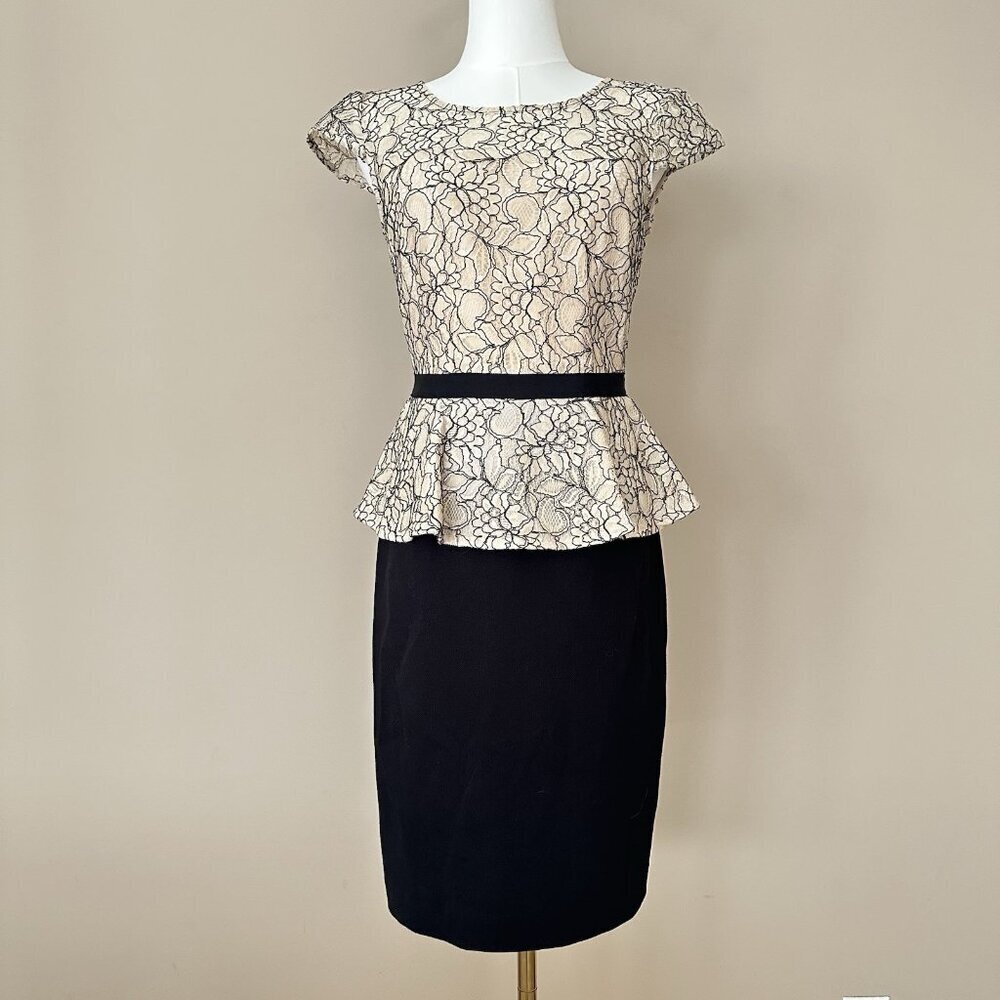 Antonio Melani $169 Lace Dress Women 4 Black Beige Career Peplum Mother of Bride